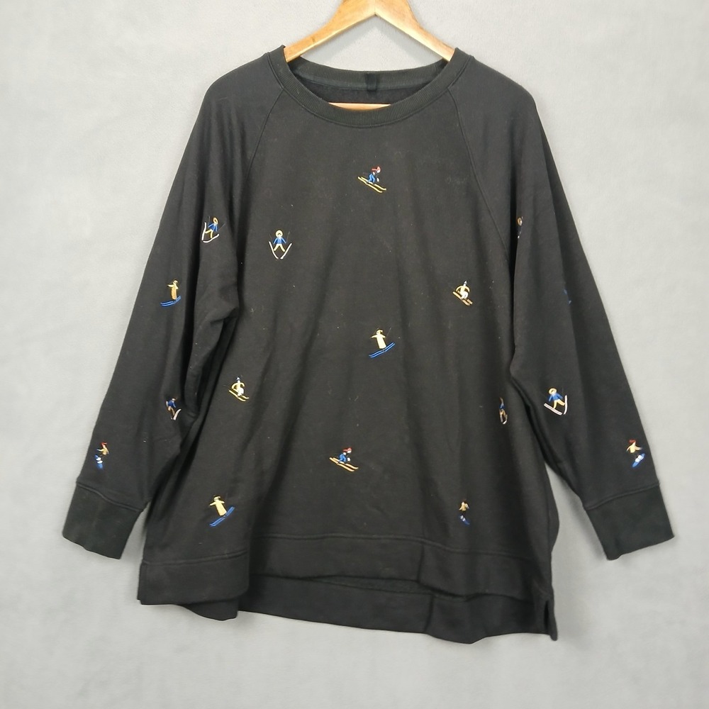 Lou & Grey for Loft Sweatshirt Womens 16/18 Black Snowboard Print Raglan Sleeve